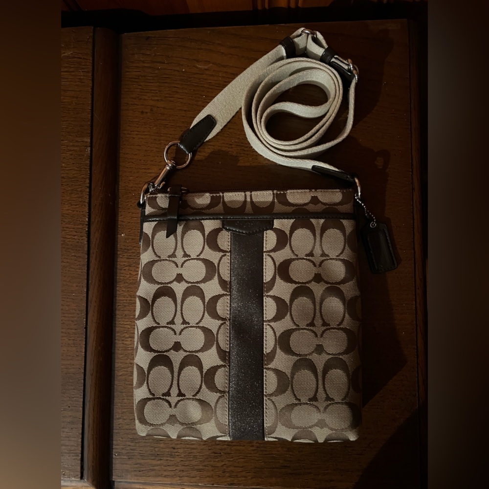 Coach Brown/Khaki Signature Stripe Swingpack Crossbody Bag Purse